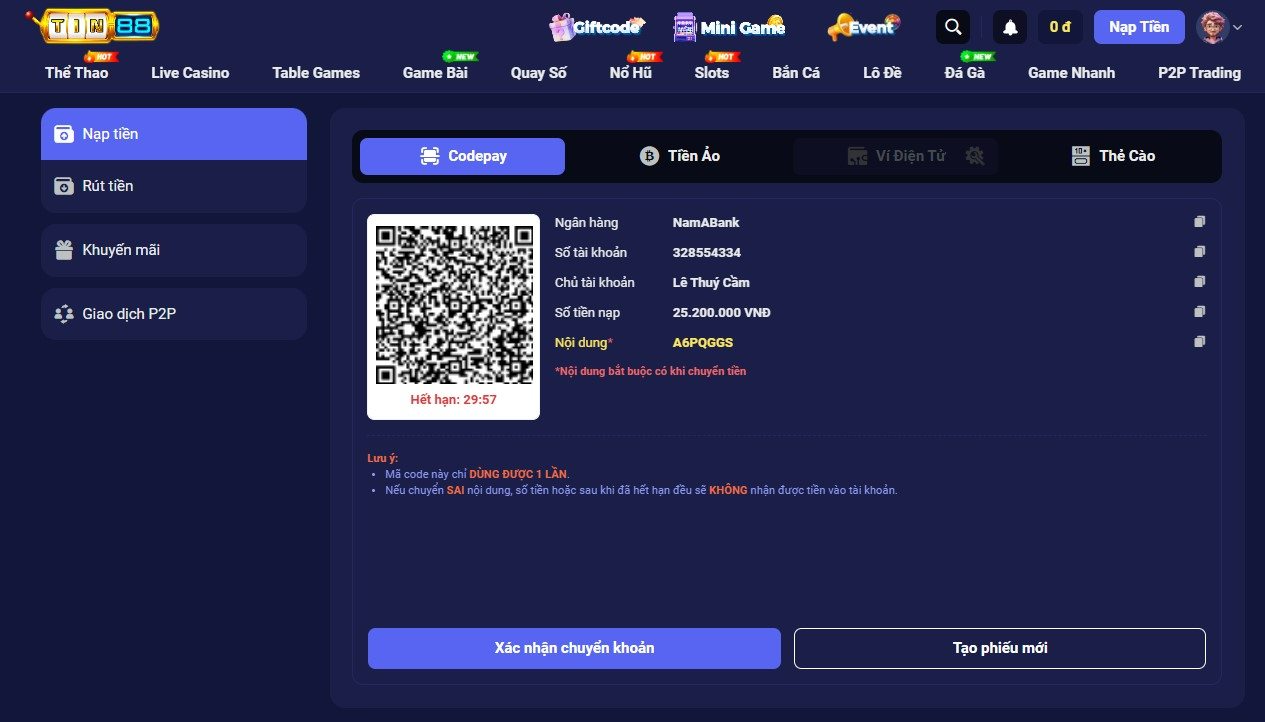 Nạp bằng Code Pay tại Tin88