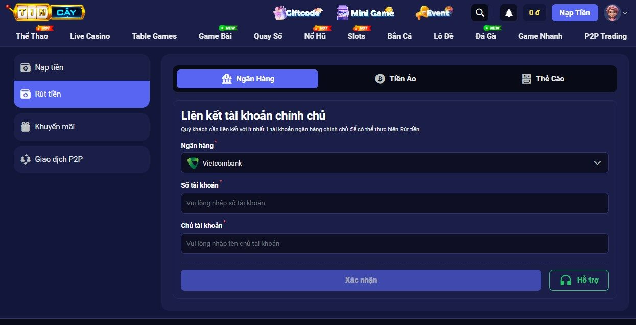Rút tiền Tin88 bằng tài khoản ngân hàng